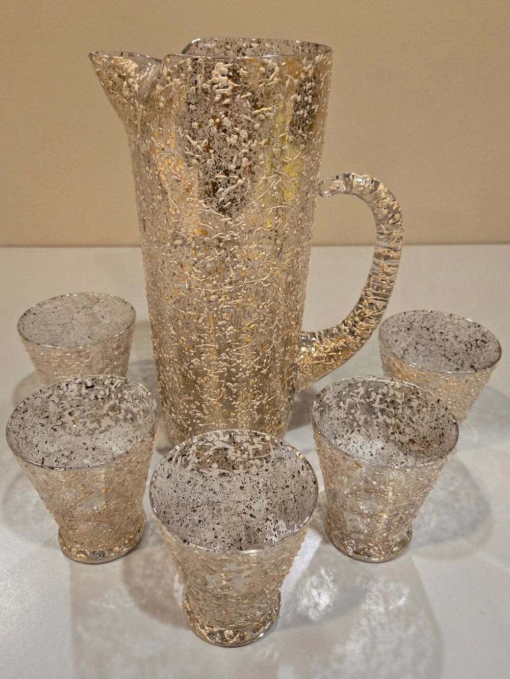Vintage Hand Made West Virginia Glass Splatter Pitcher And 5 Glasses